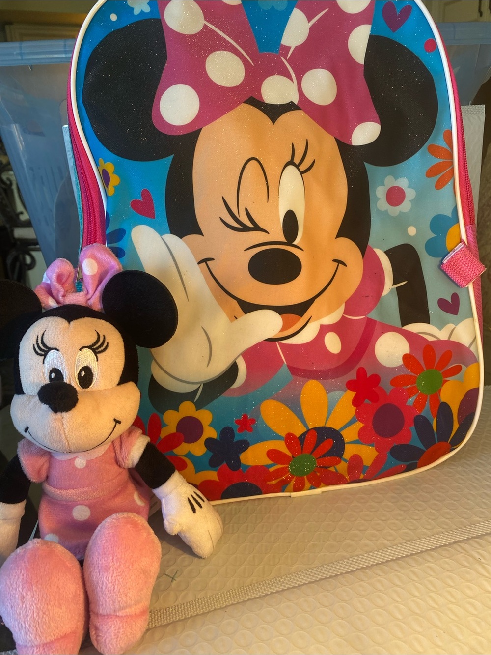 Disney Minnie Mouse Pink Plush Toy and Floral Backpack Set. 2 peace bundle.